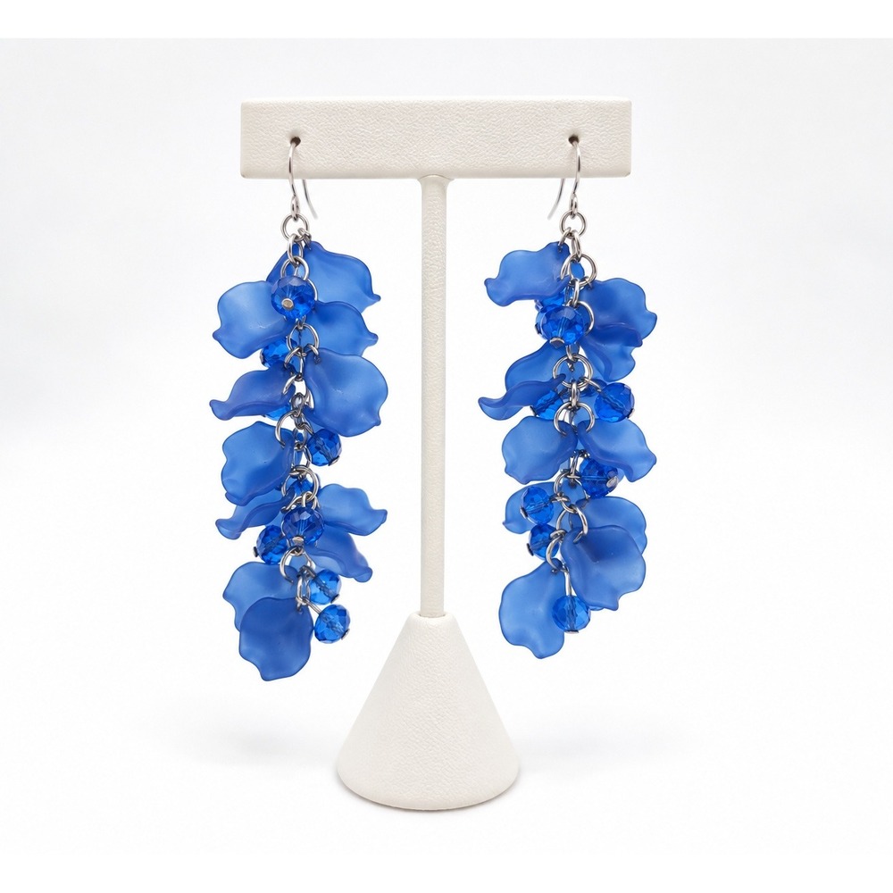 Charming Charlie Blue Acrylic Petal Tassel Earrings Glass Bead Drop NWT